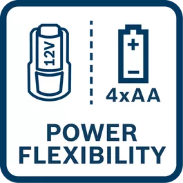 Power flexibility - works with Bosch's 12V Lithium-Ion 2.0 Ah battery or four AA batteries.